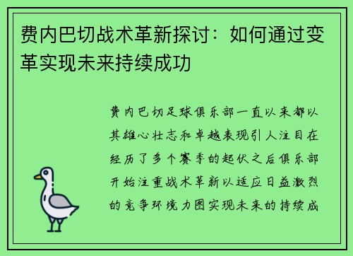 费内巴切战术革新探讨:如何通过变革实现未来持续成功 费内巴切战术革新探讨:如何通过变革实现未来持续成功