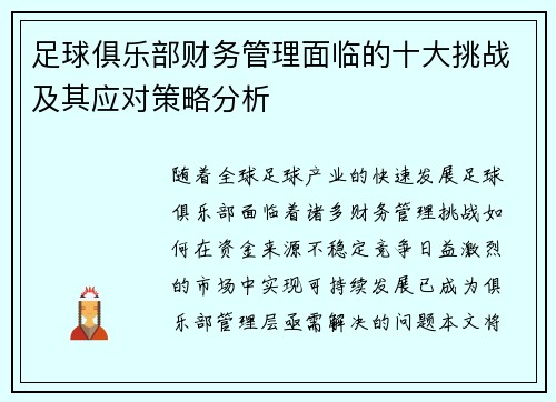 足球俱乐部财务管理面临的十大挑战及其应对策略分析