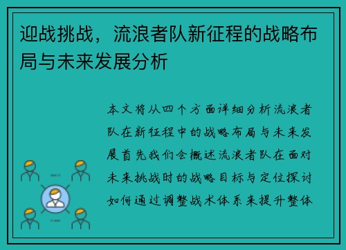 迎战挑战,流浪者队新征程的战略布局与未来发展分析 迎战挑战,流浪者队新征程的战略布局与未来发展分析