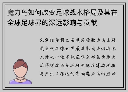 魔力鸟如何改变足球战术格局及其在全球足球界的深远影响与贡献 魔力鸟如何改变足球战术格局及其在全球足球界的深远影响与贡献