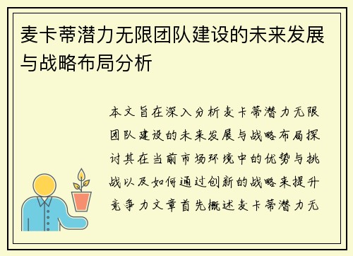 麦卡蒂潜力无限团队建设的未来发展与战略布局分析